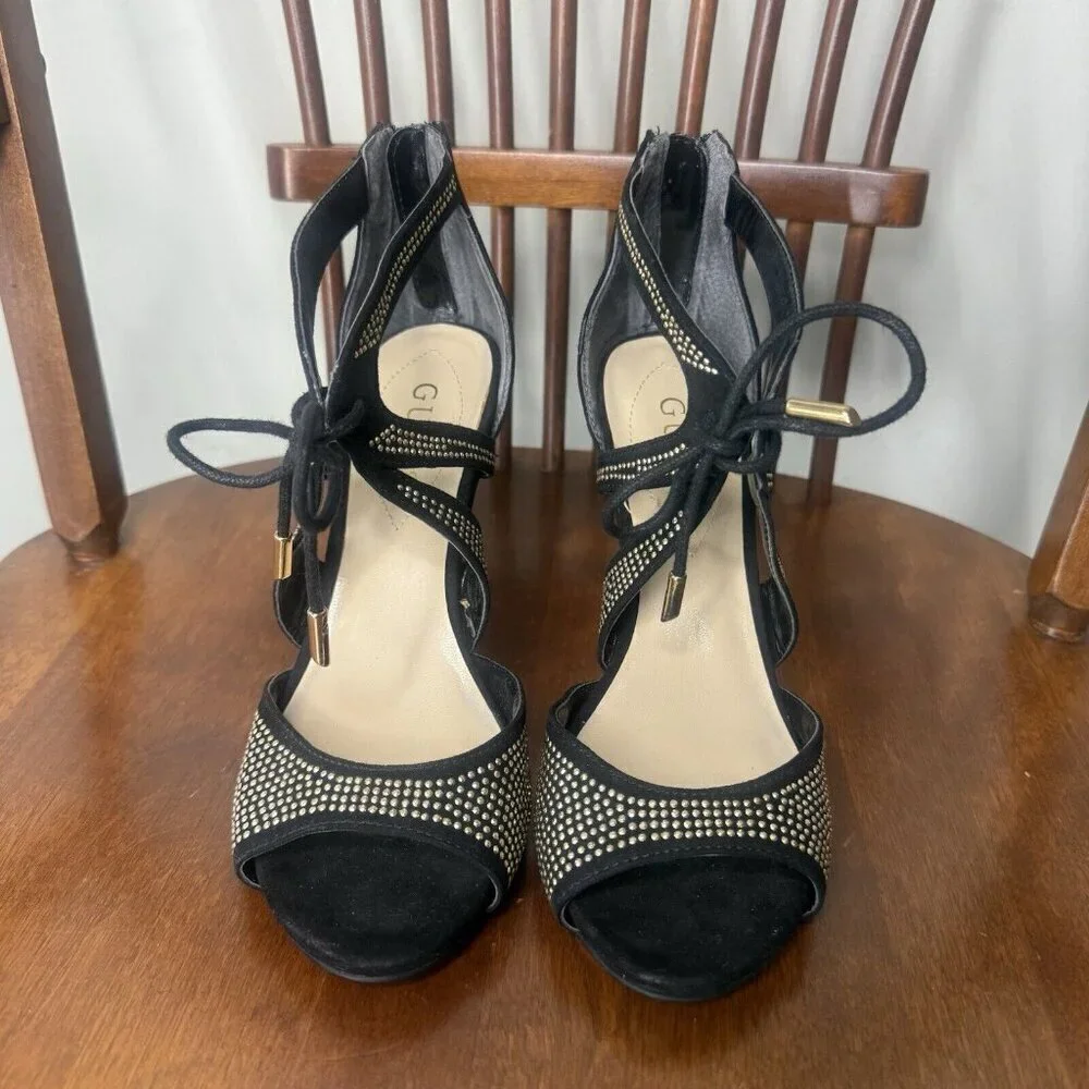 Guess Black and Gold Studded Stiletto Heels Women’s Size 6 Bette Metallic Prom